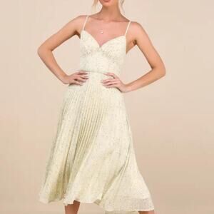 Lulus Floral Pleated Midi Dress XS – Cottagecore Spring Wedding Guest Fit NEW